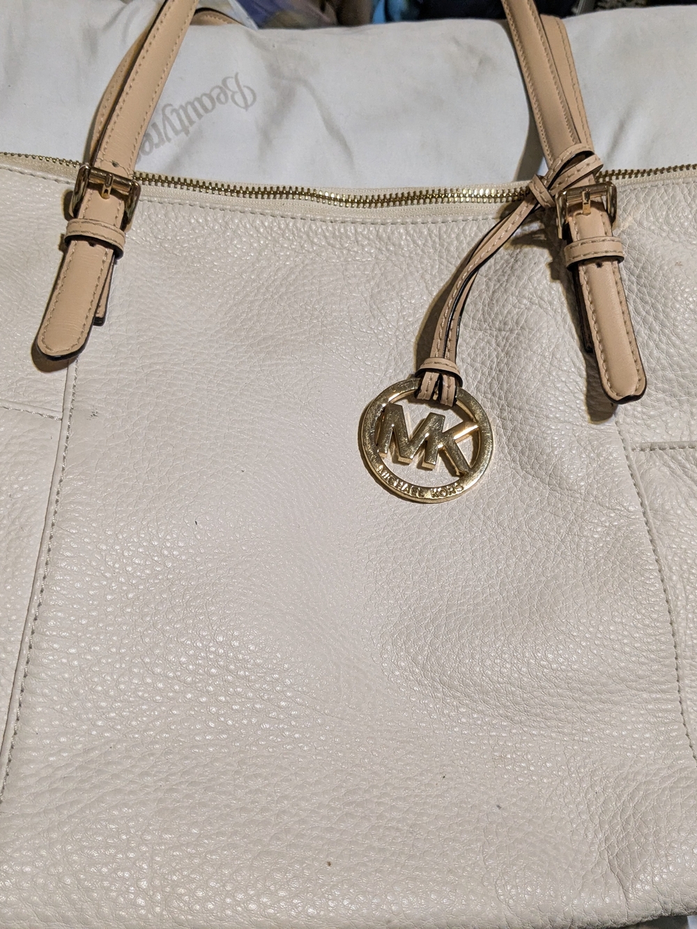 MICHAEL Michael Kors Cream Pebbled Leather Tote with Gold MK Charm